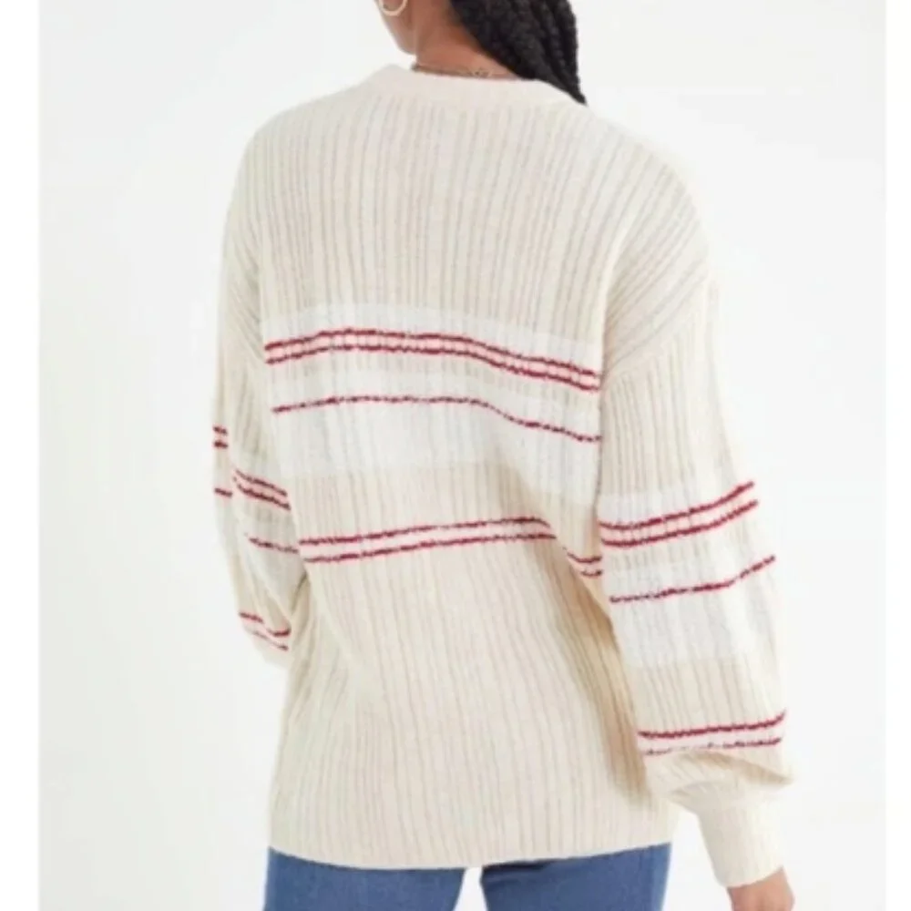 Urban Outfitters Snuggle Up Striped Pullover Sweater Sz XS Cream Red Cozy Fuz…